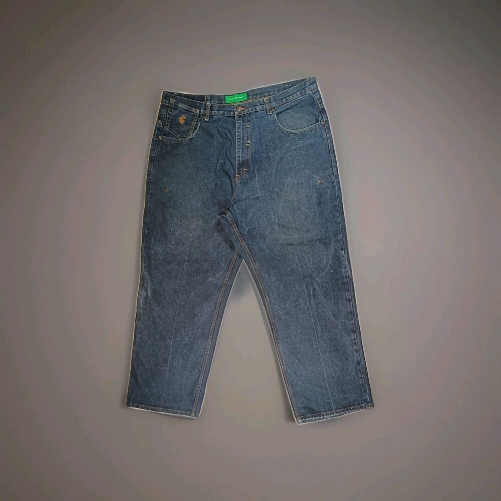 Rocawear Y2K Baggy Oversized Jeans Size 42W Dark Blue Denim Embellished Pockets
